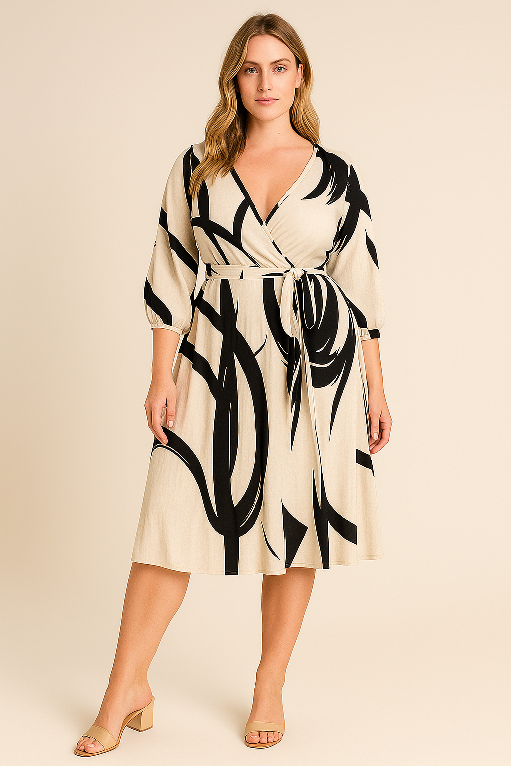 Viviana Abstract Belted Midi Dress – Bold Elegance in Every Curve