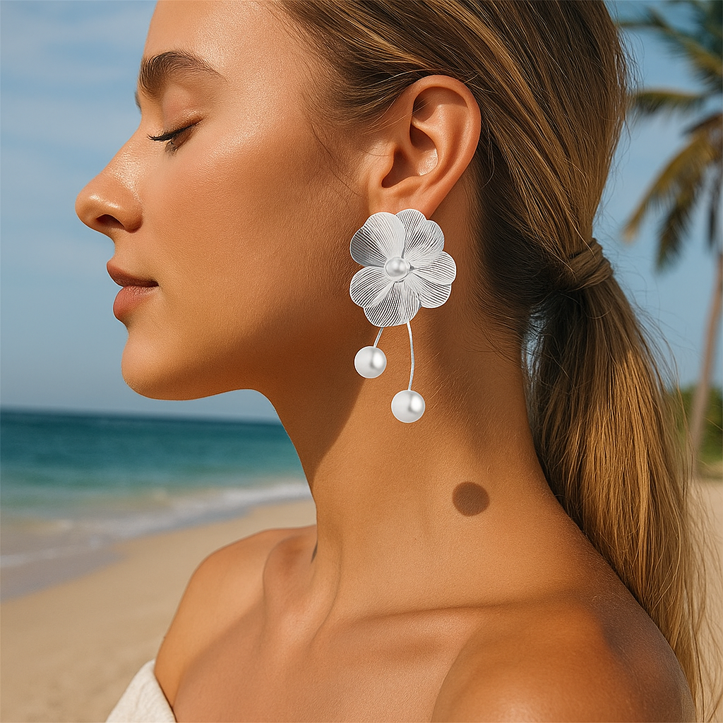 Liora™ Gold Floral Earrings with Pearl Pendant - VC Edit