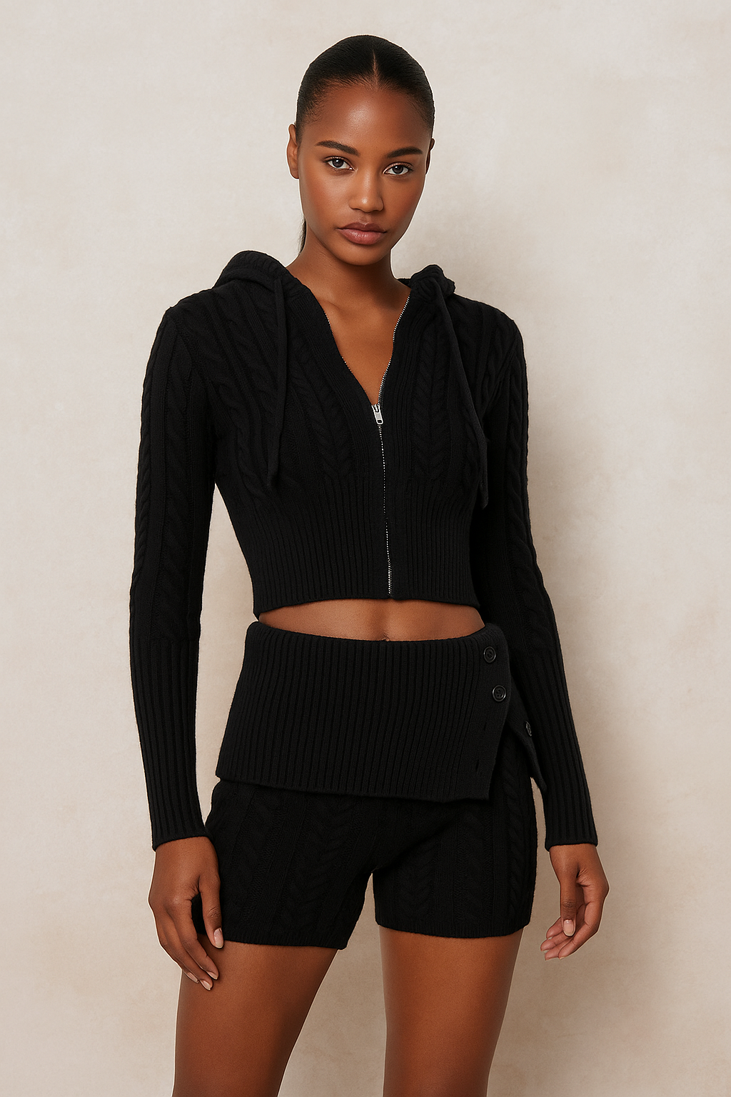 Amarisse™ Knitted Hooded Cardigan & Shorts Set