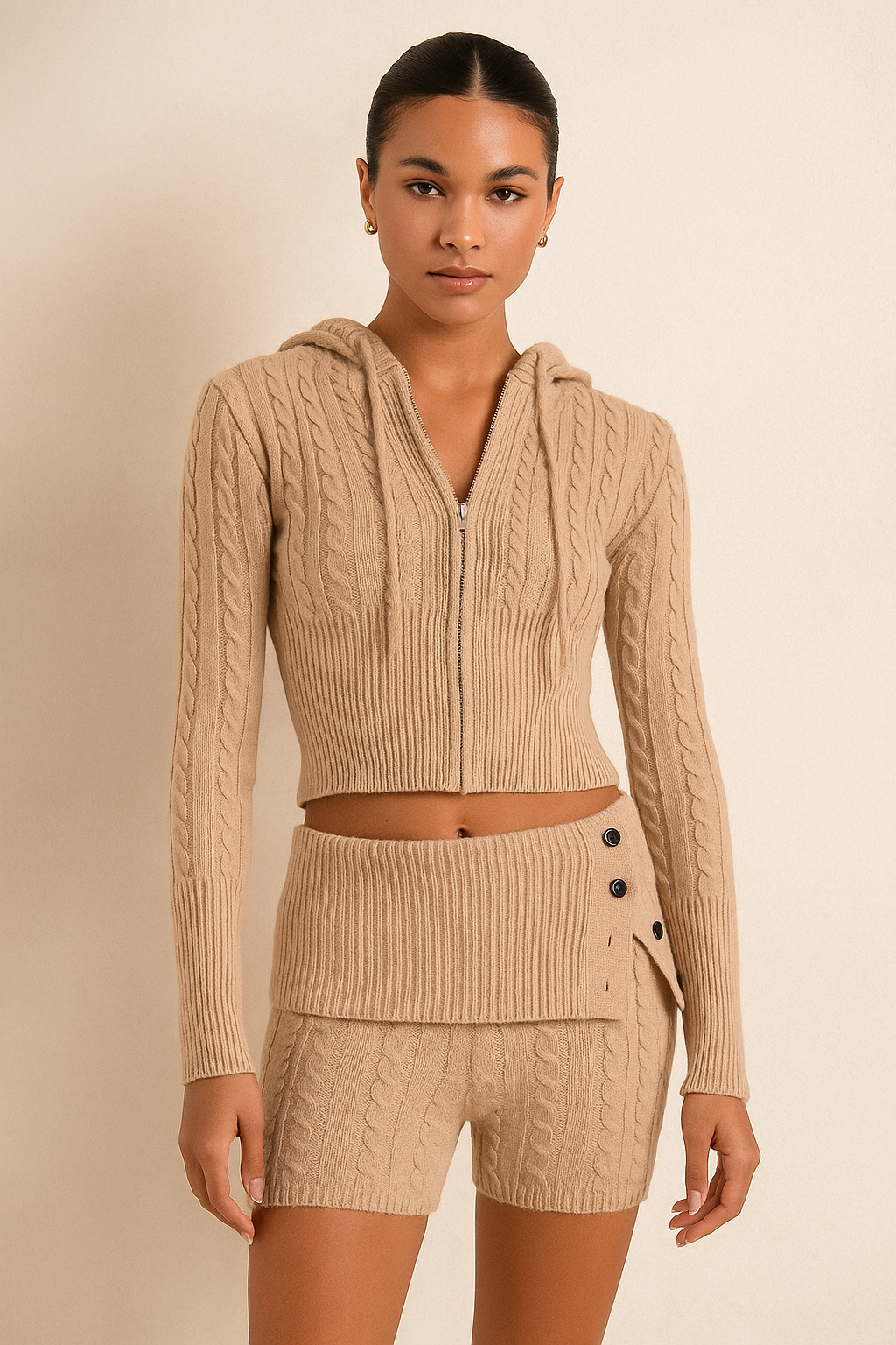 Amarisse™ Knitted Hooded Cardigan & Shorts Set