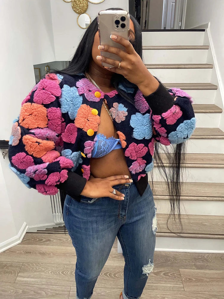 3D Flower Cotton Rib Knit Sweater Cardigan