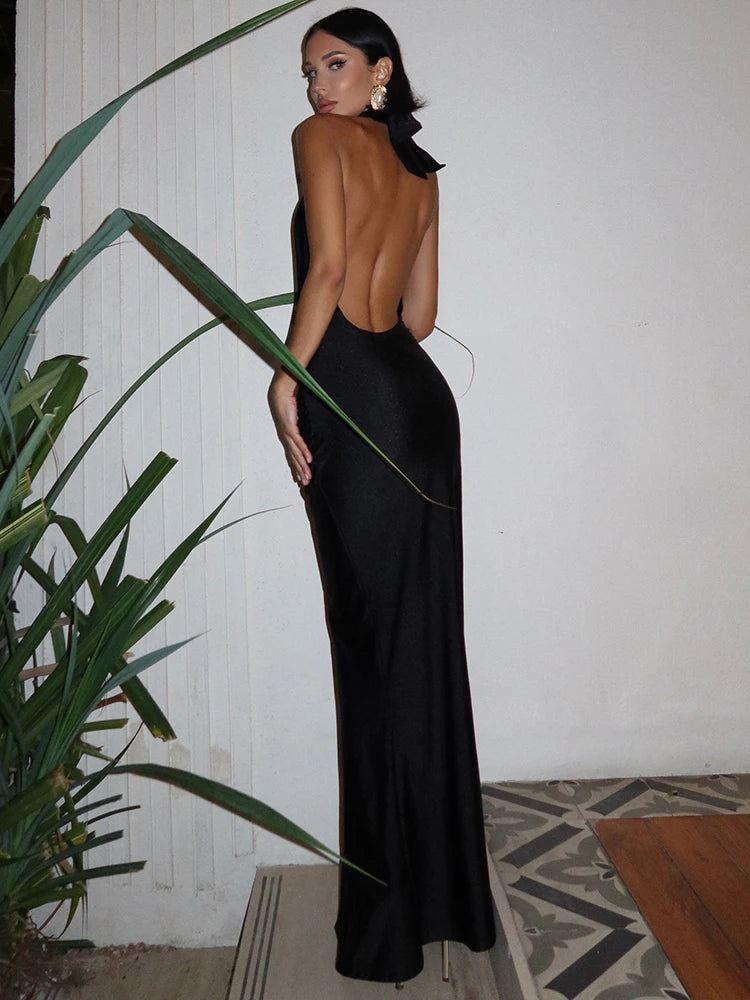 Halter Deep V Neck Backless Maxi Dress