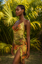 Arlena™ Mesh Print Hanging Collar Midi Dress - VC Edit