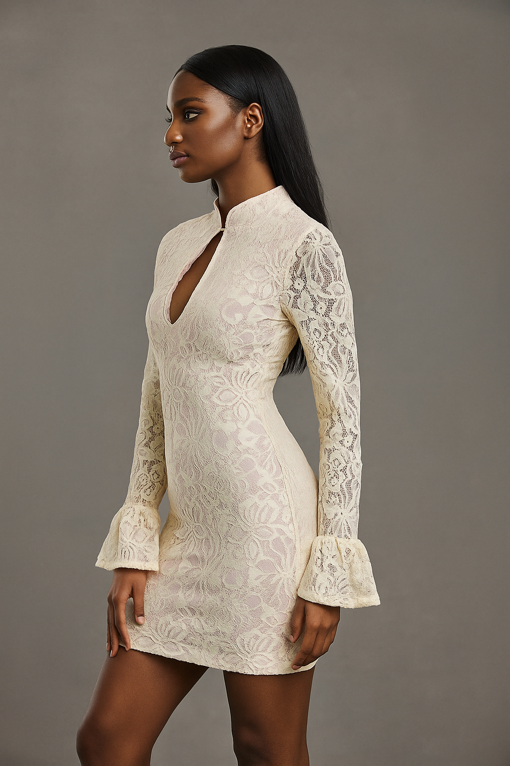 Aurielle™ Lace Patchwork Flare Sleeve Mini Dress
