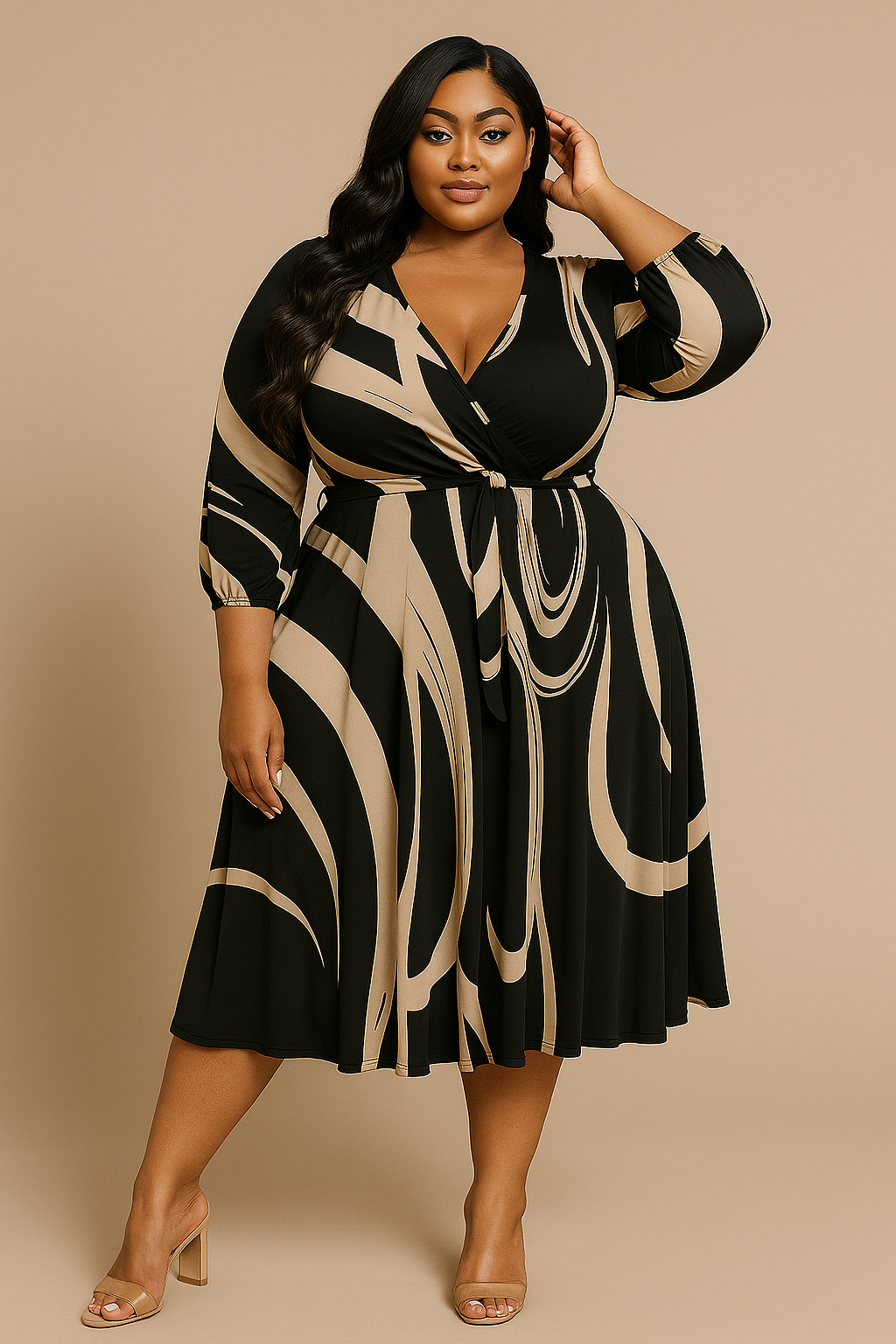 Viviana Abstract Belted Midi Dress – Bold Elegance in Every Curve