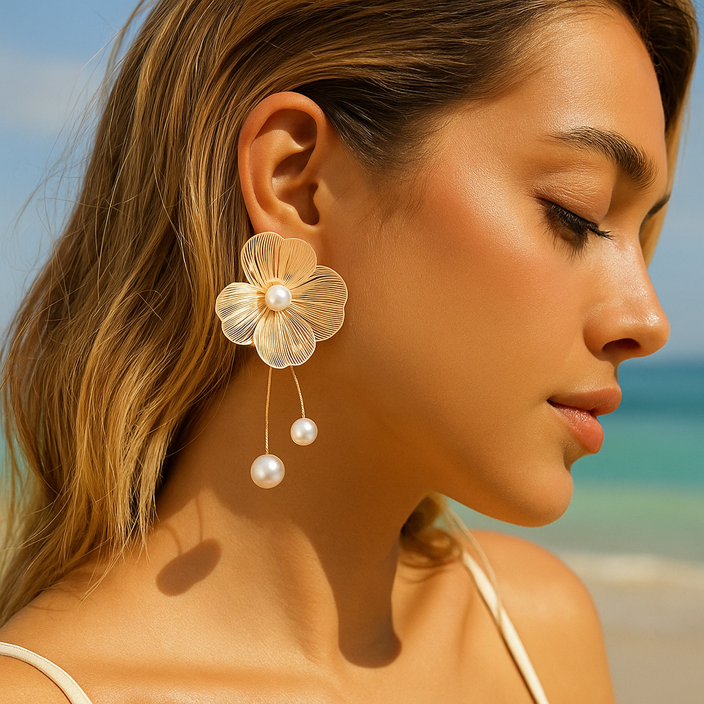 Liora™ Gold Floral Earrings with Pearl Pendant - VC Edit