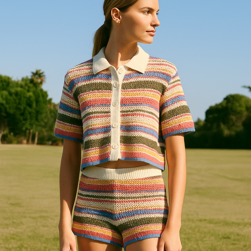 Serenya™ Knitted Stripe Short Sleeve Set - VC Edit