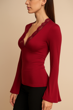 Cassiane™ Deep V Neck Lace Flare Sleeve Shirt