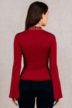 Cassiane™ Deep V Neck Lace Flare Sleeve Shirt