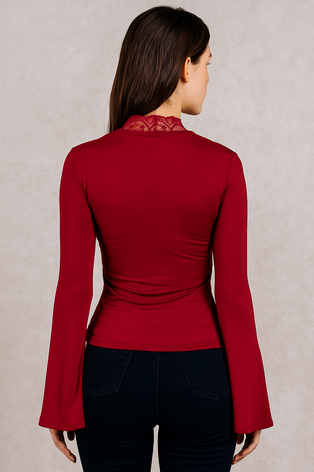 Cassiane™ Deep V Neck Lace Flare Sleeve Shirt