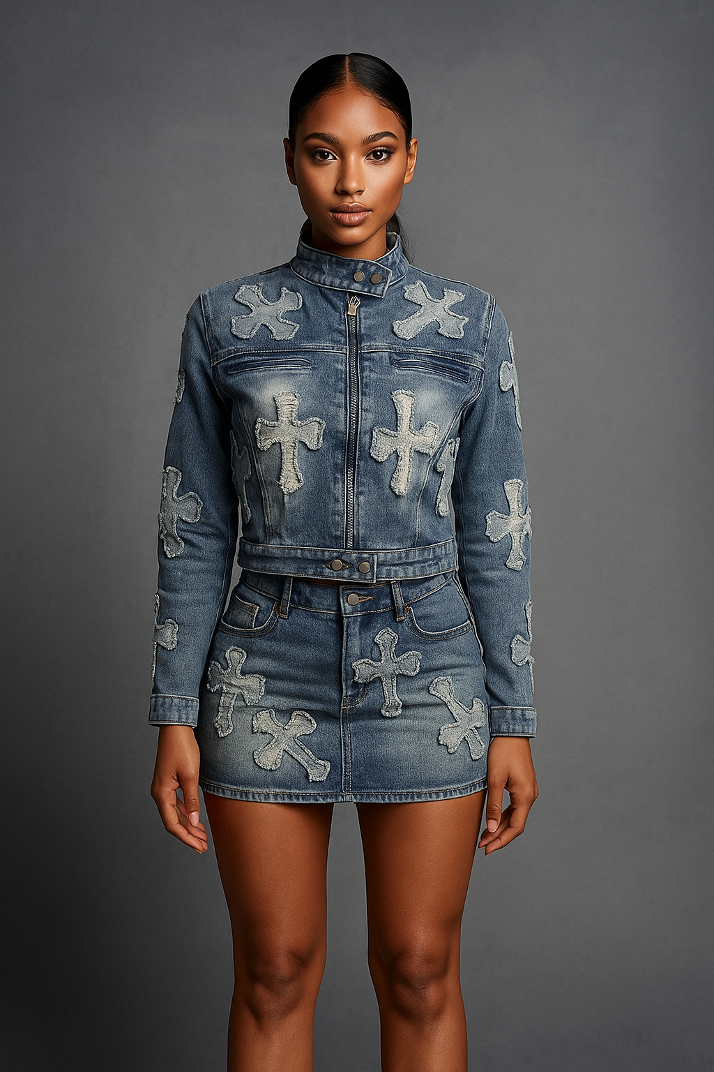 Celina™ Zipper Jacket & Mini Skirt Denim Set
