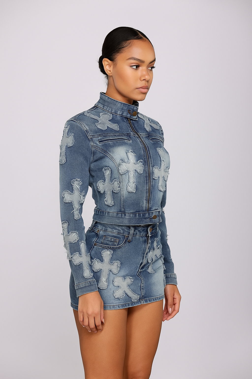 Celina™ Zipper Jacket & Mini Skirt Denim Set