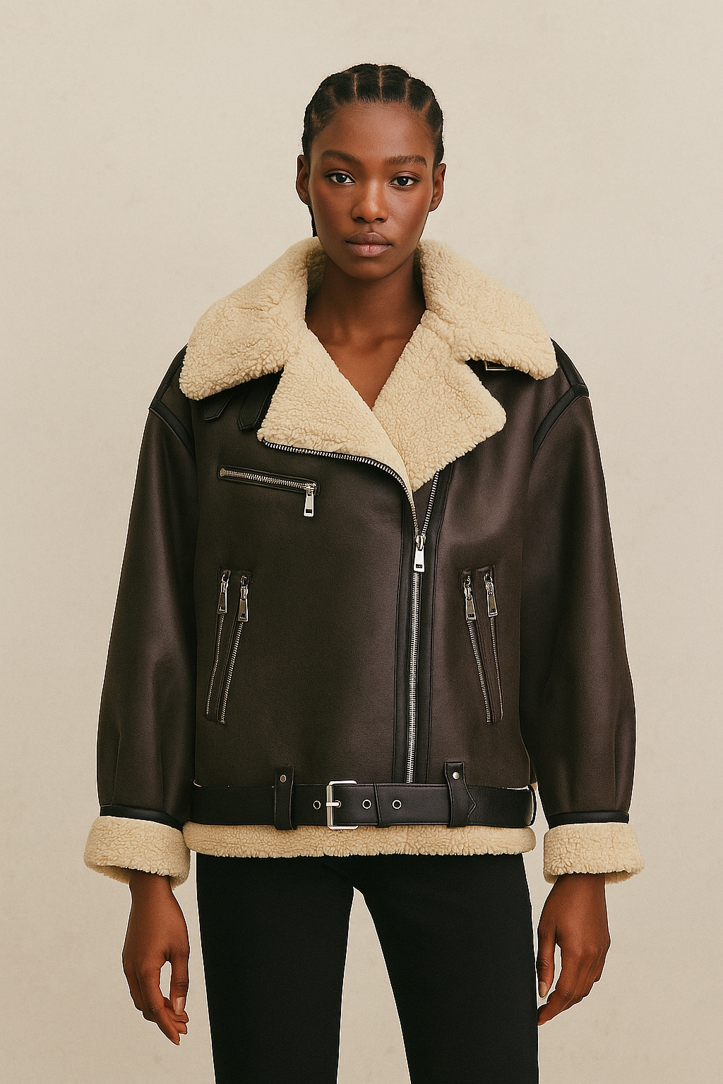 Aurelia™ Leather Aviator Fur Jacket - Double Sided