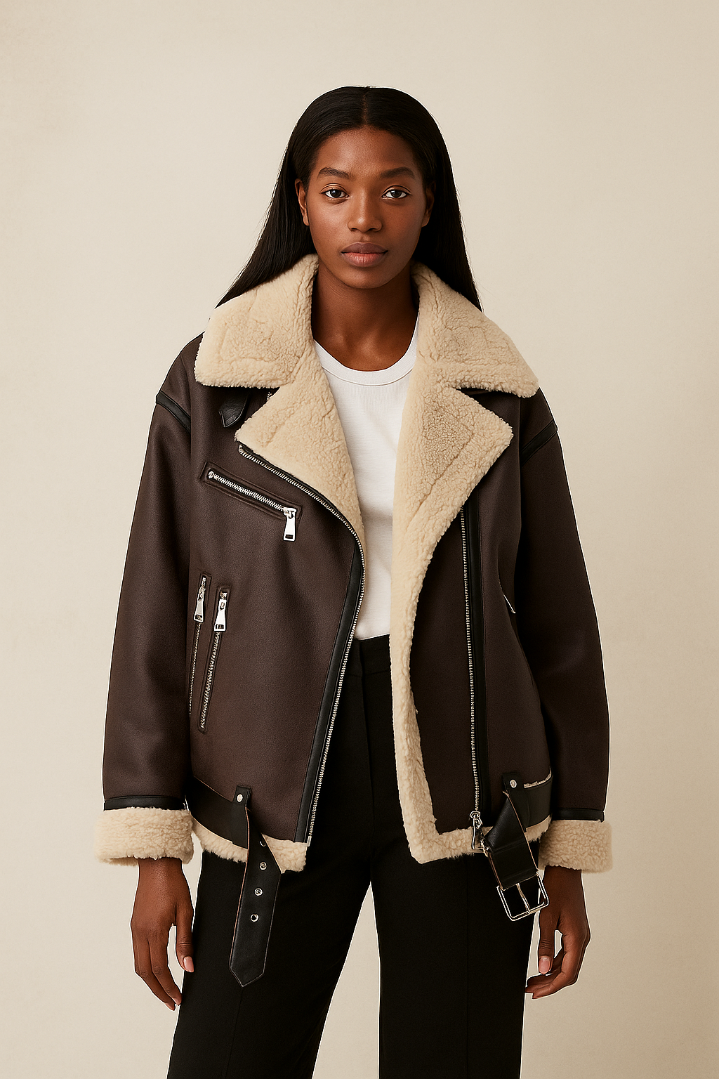 Aurelia™ Leather Aviator Fur Jacket - Double Sided