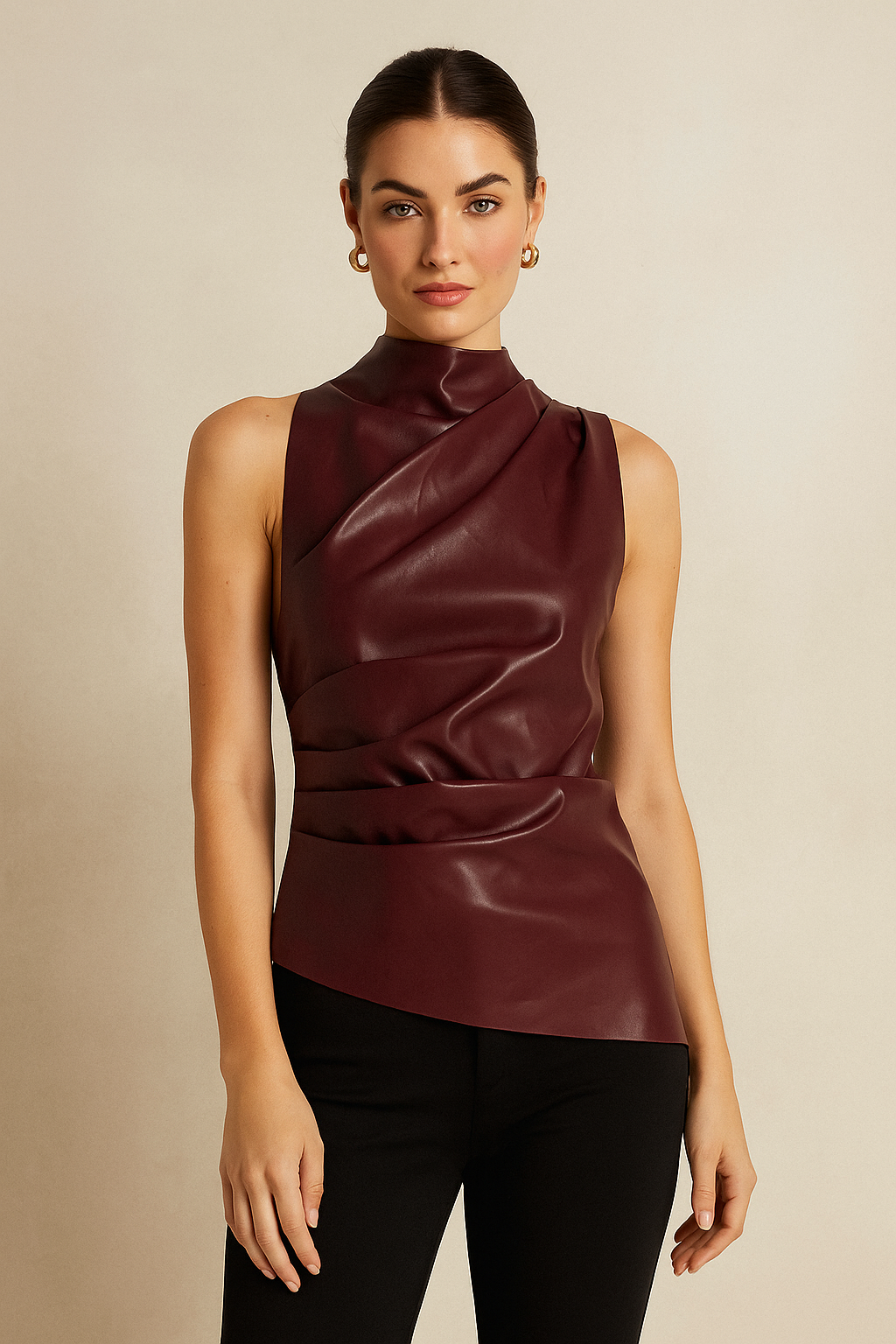 Solenne™ Leather Ruched Sleeveless Top