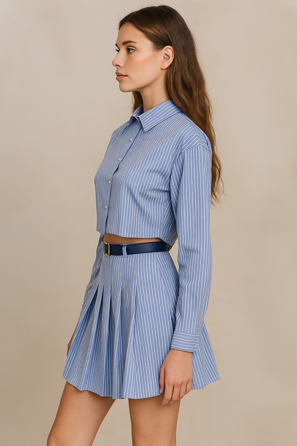 Thessia™ Striped Cropped Shirt & Skirt Set