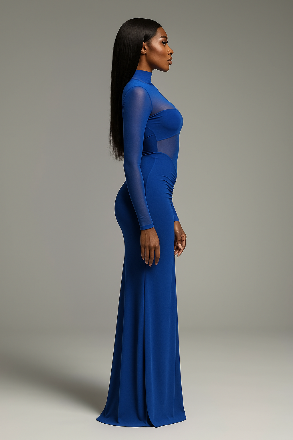 Solenne™ Half Turtleneck Mesh Ruched Maxi Dress