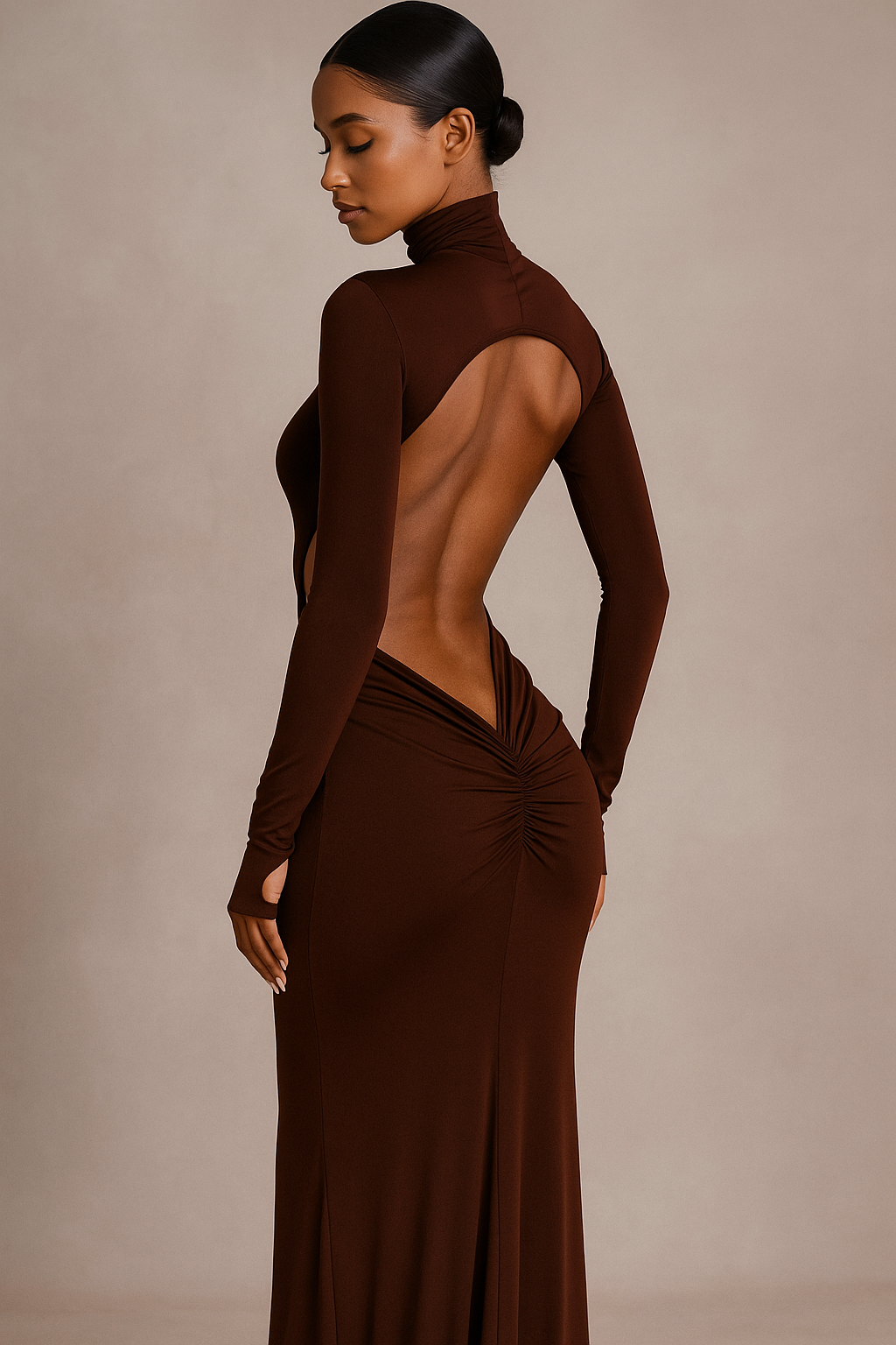 Thessia™ Long Sleeve Ruched Backless Maxi Dress