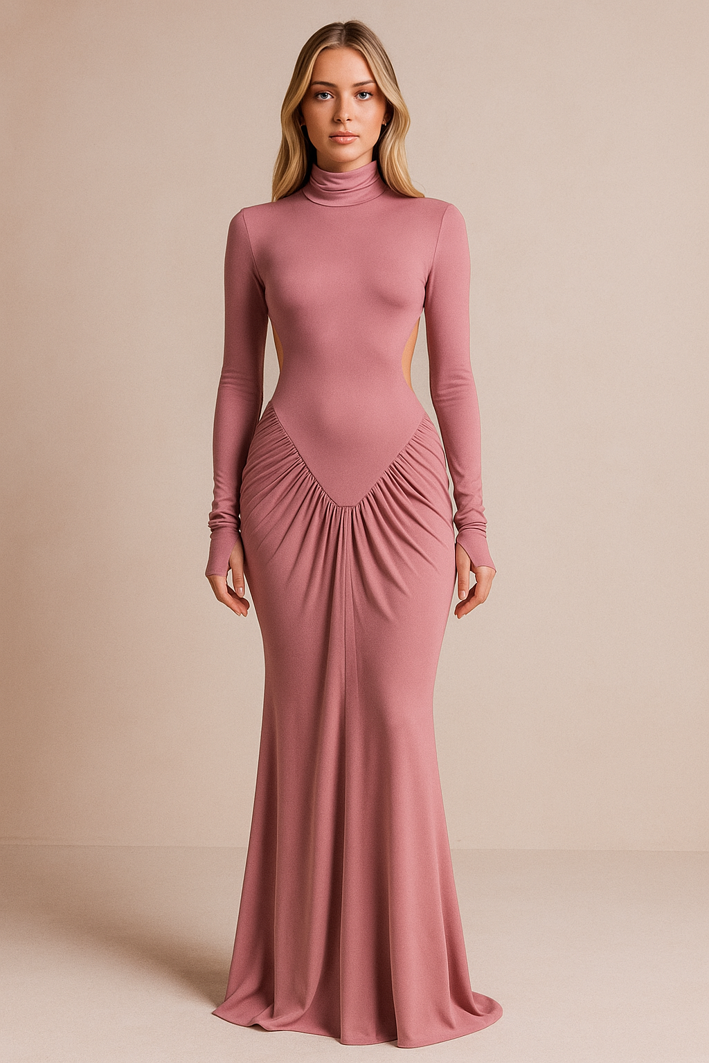 Thessia™ Long Sleeve Ruched Backless Maxi Dress