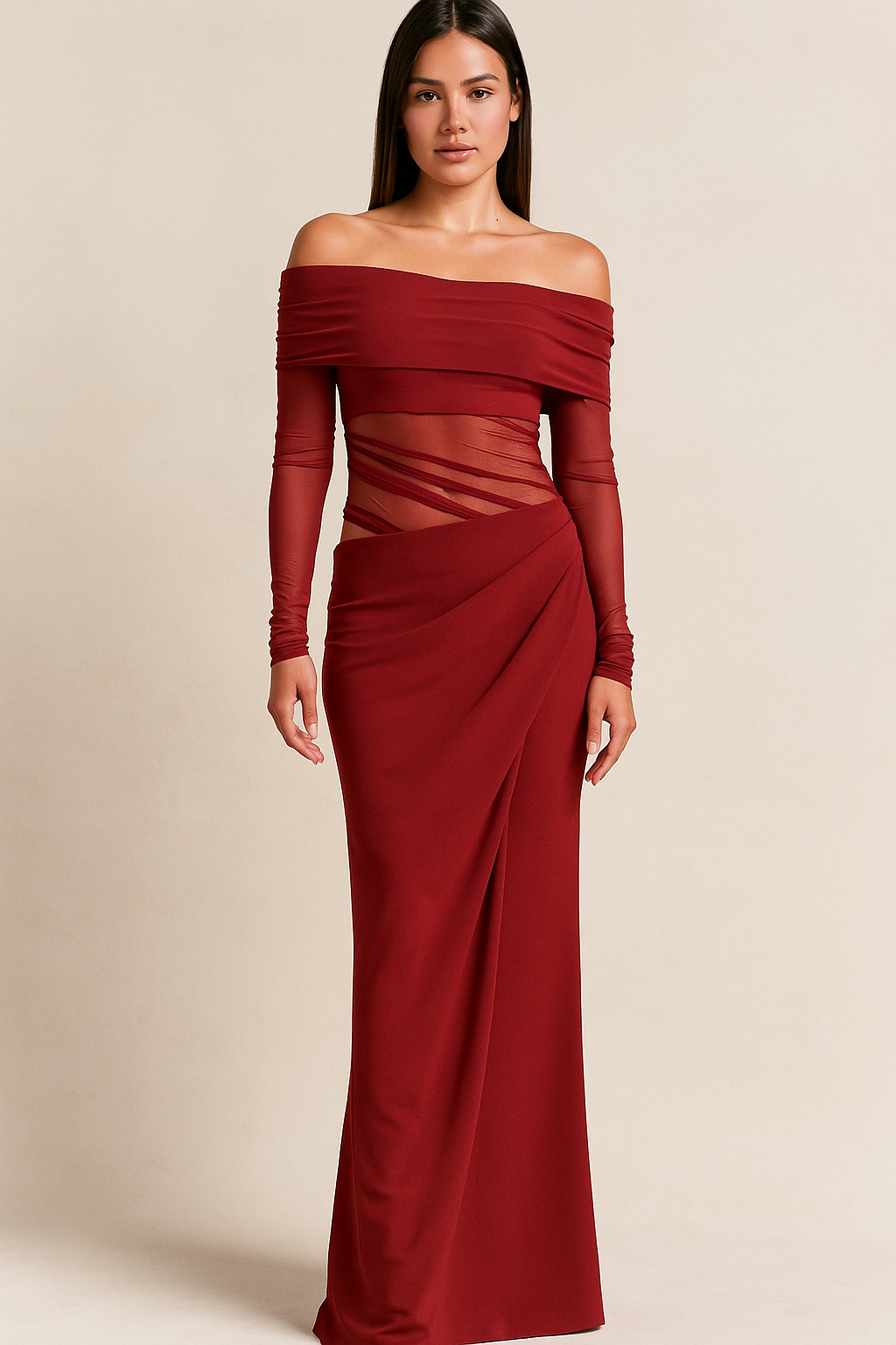 Valoria™ Off-Shoulder Mesh Ruched Maxi Dress