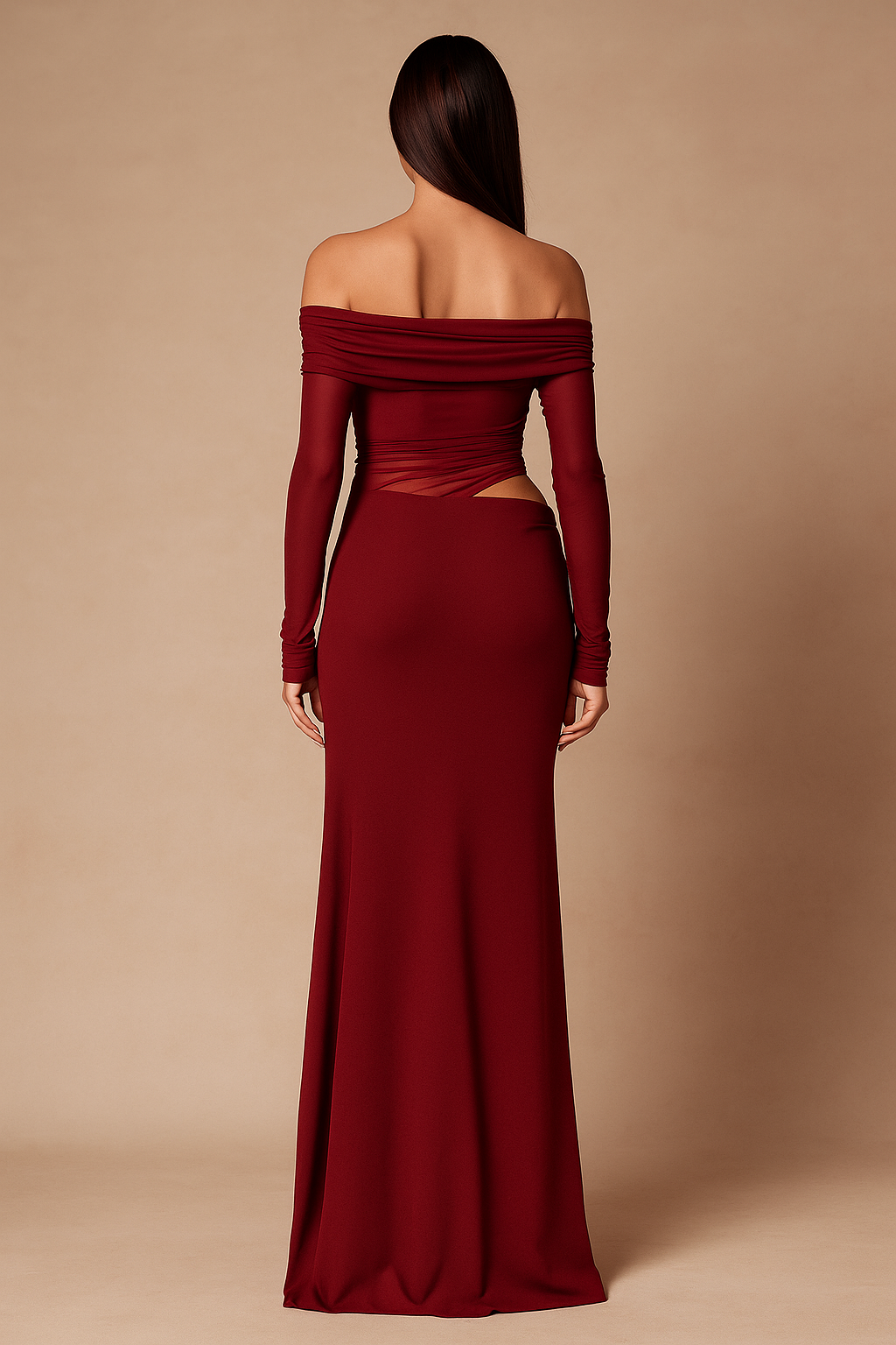 Valoria™ Off-Shoulder Mesh Ruched Maxi Dress