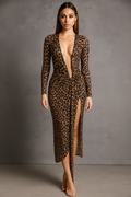 Amarisse™ Deep V-Neck Leopard Print Ruched Midi Dress