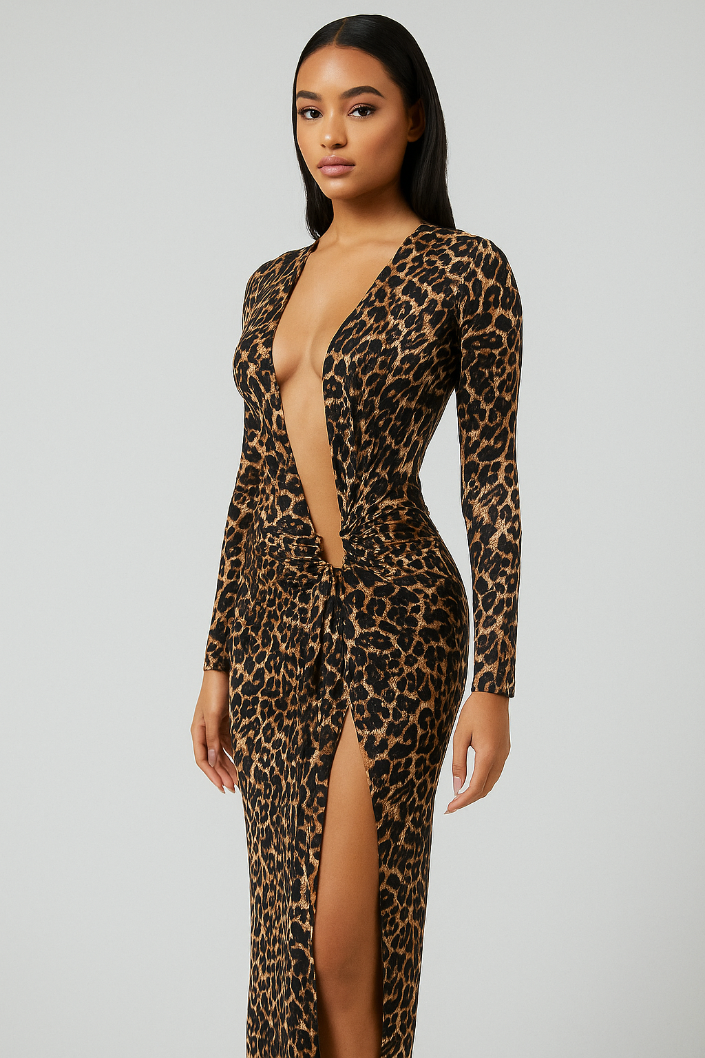 Amarisse™ Deep V-Neck Leopard Print Ruched Midi Dress