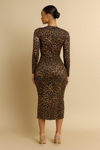 Amarisse™ Deep V-Neck Leopard Print Ruched Midi Dress