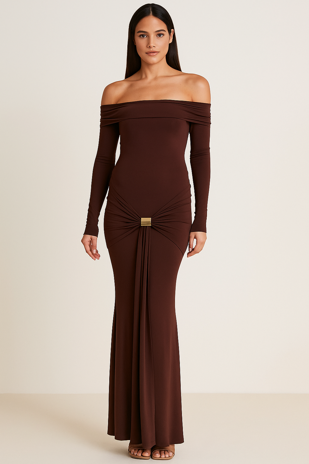 Noiré™ Ruched Metal Buckle Bodycon Maxi Dress