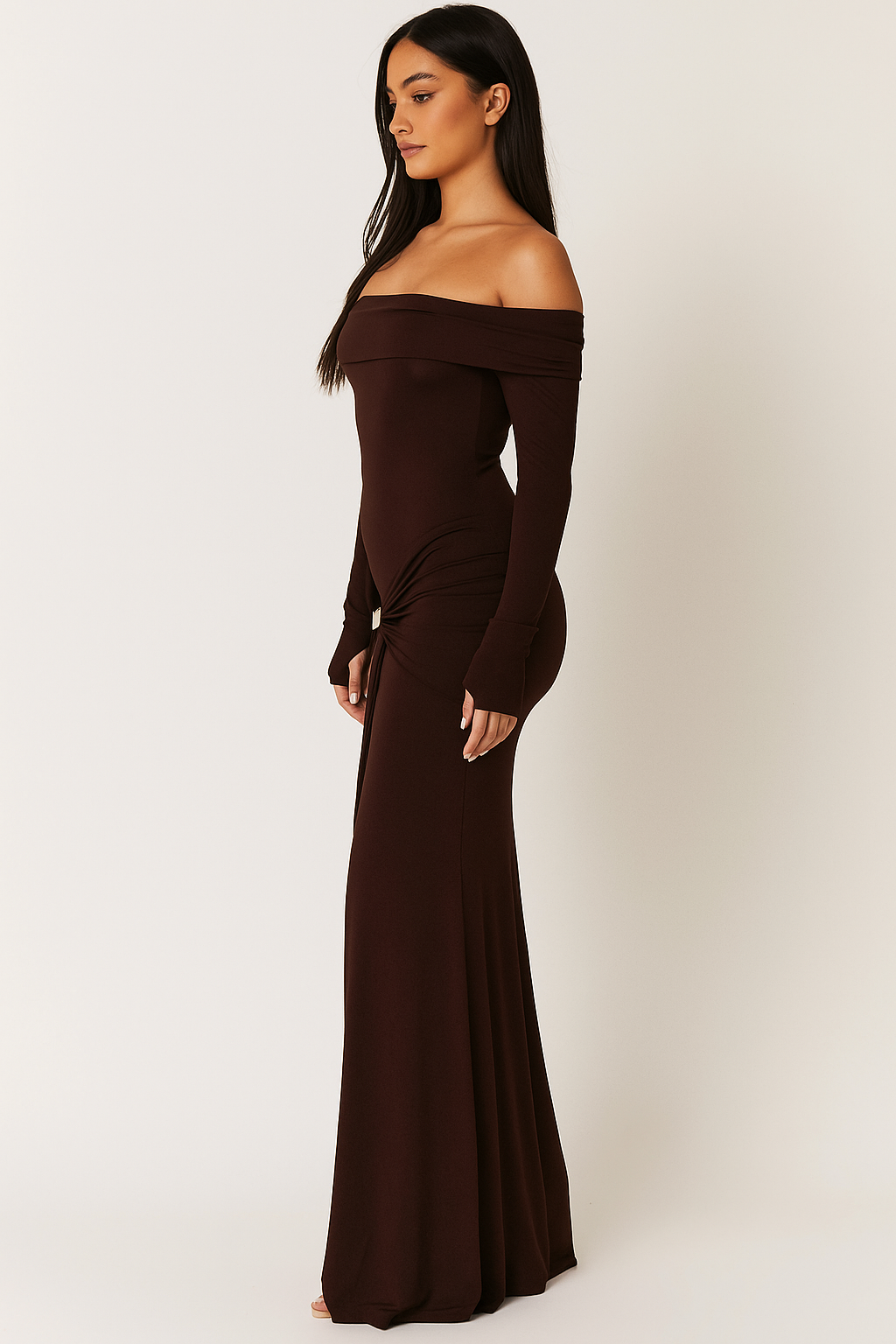 Noiré™ Ruched Metal Buckle Bodycon Maxi Dress