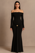 Noiré™ Ruched Metal Buckle Bodycon Maxi Dress