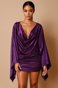 Juliana™ Satin Deep V-Neck Swing Sleeve Mini Dress