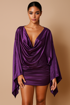 Juliana™ Satin Deep V-Neck Swing Sleeve Mini Dress