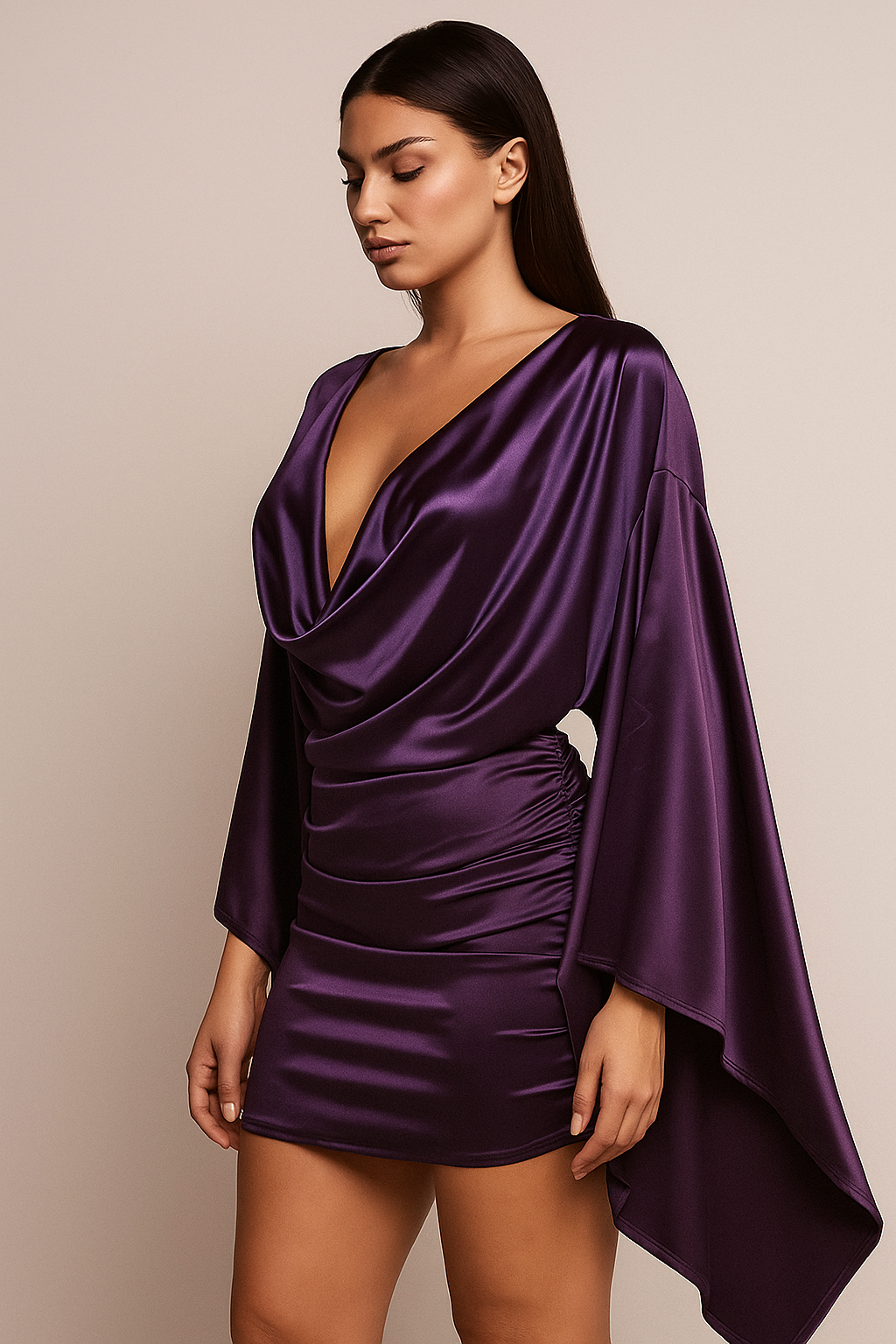 Juliana™ Satin Deep V-Neck Swing Sleeve Mini Dress