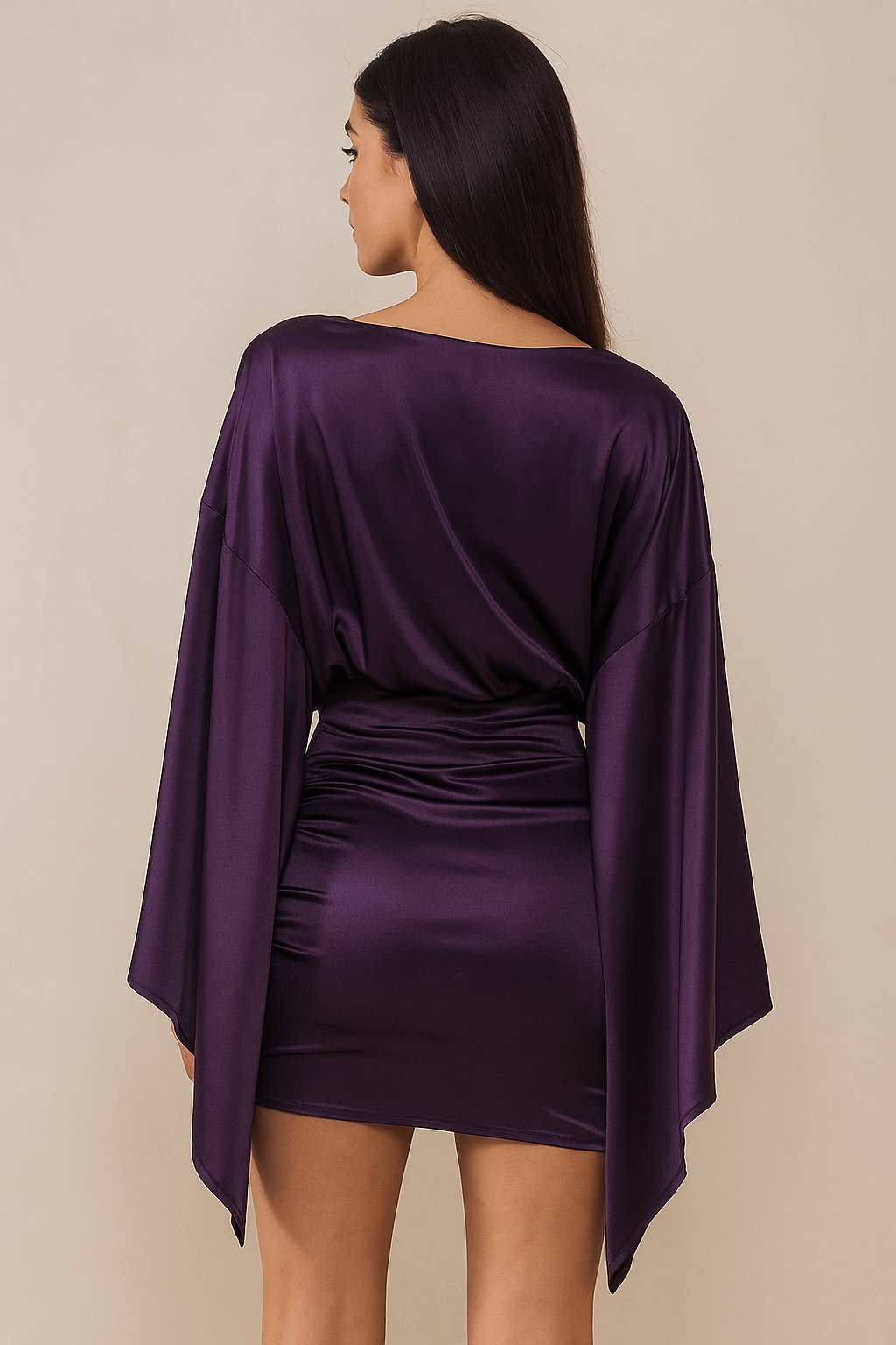 Juliana™ Satin Deep V-Neck Swing Sleeve Mini Dress