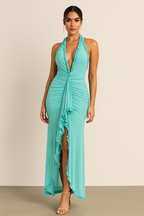 Isabella™ Halter Lace-Up Ruffle Maxi Dress