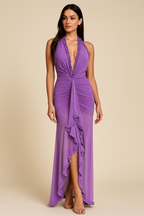 Isabella™ Halter Lace-Up Ruffle Maxi Dress