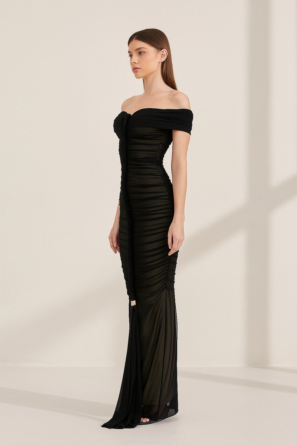 Seraphina™ Off-Shoulder Ruched Mesh Maxi Dress