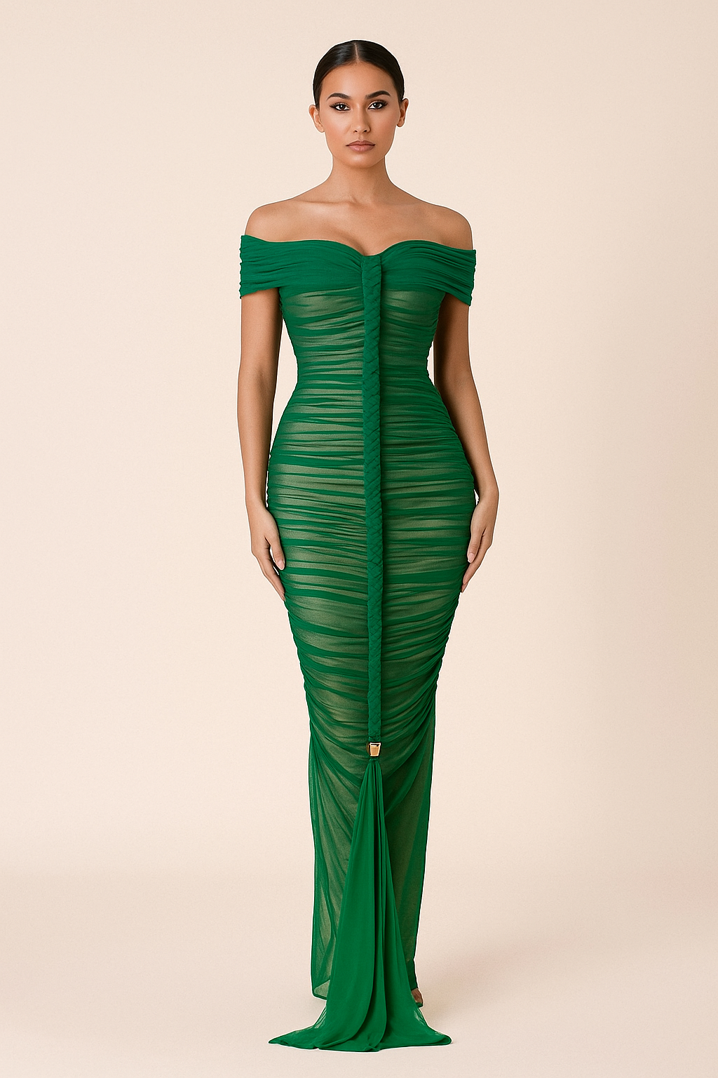 Seraphina™ Off-Shoulder Ruched Mesh Maxi Dress