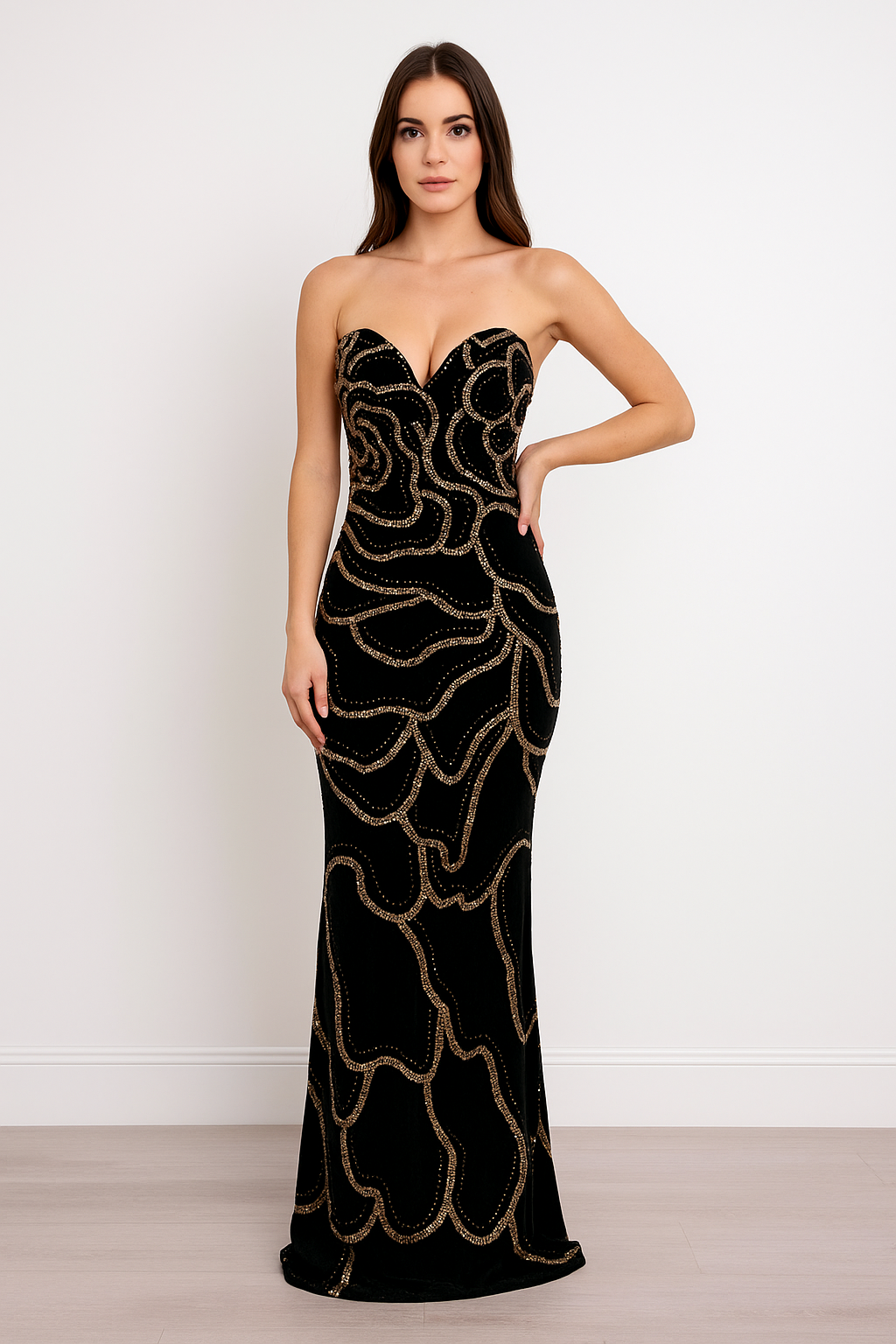 Aurelia™ Gold Embellished Velvet Maxi Dress