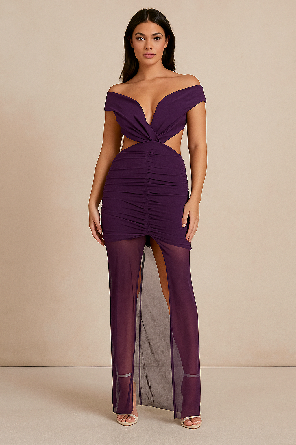 Velora™ Off-Shoulder Mesh Split Maxi Dress
