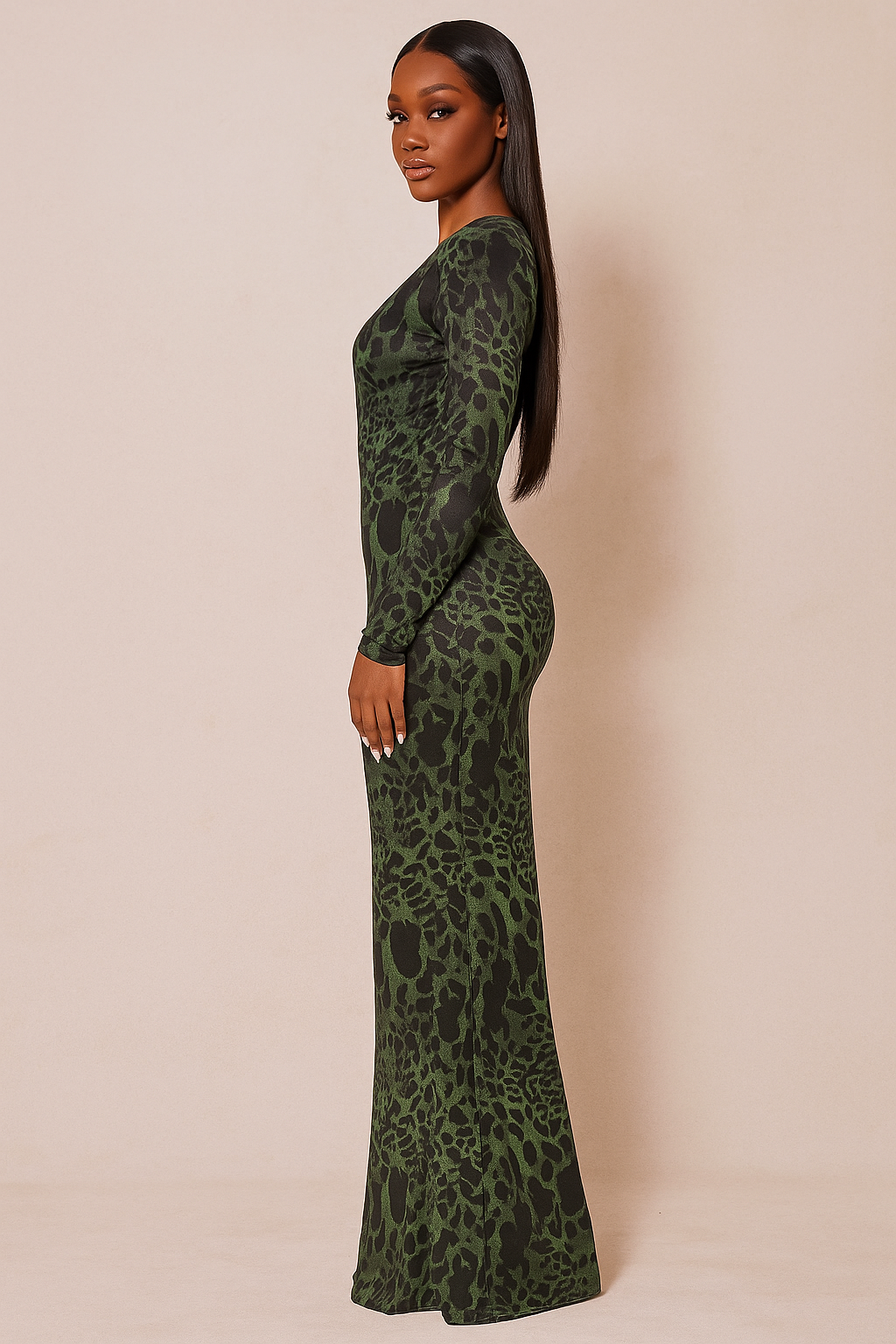 Vyxen™ Deep-Plunge Leopard Mesh Maxi Dress
