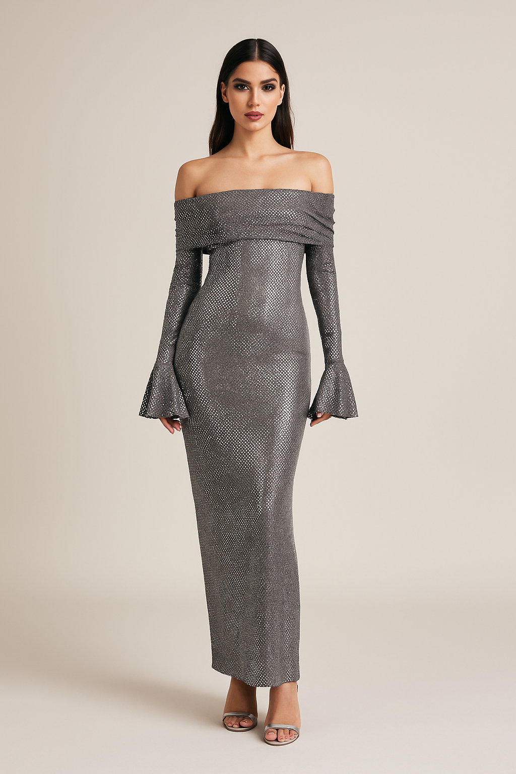 Seraphina™ Off-Shoulder Metallic Mesh Maxi Dress