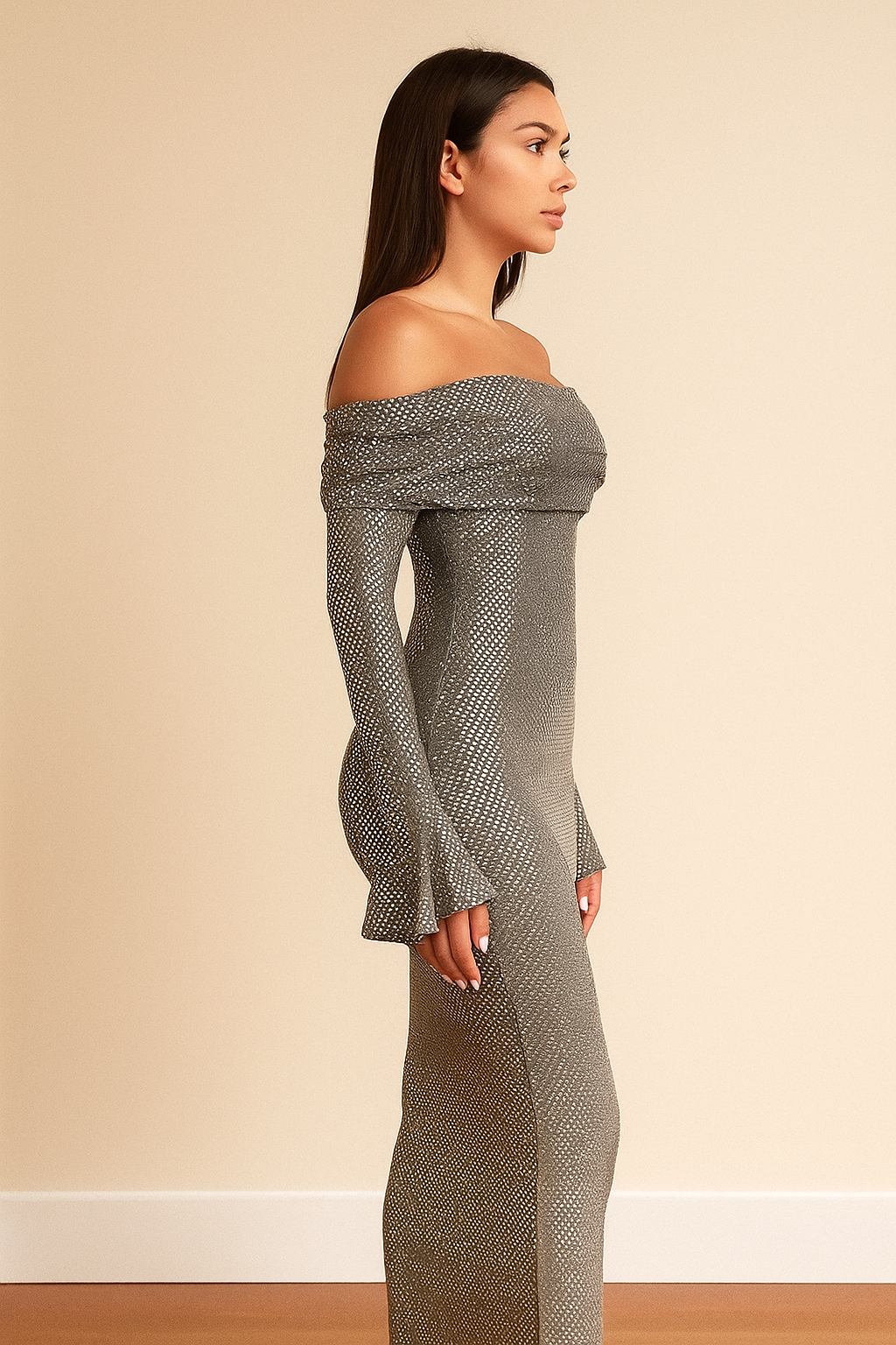 Seraphina™ Off-Shoulder Metallic Mesh Maxi Dress