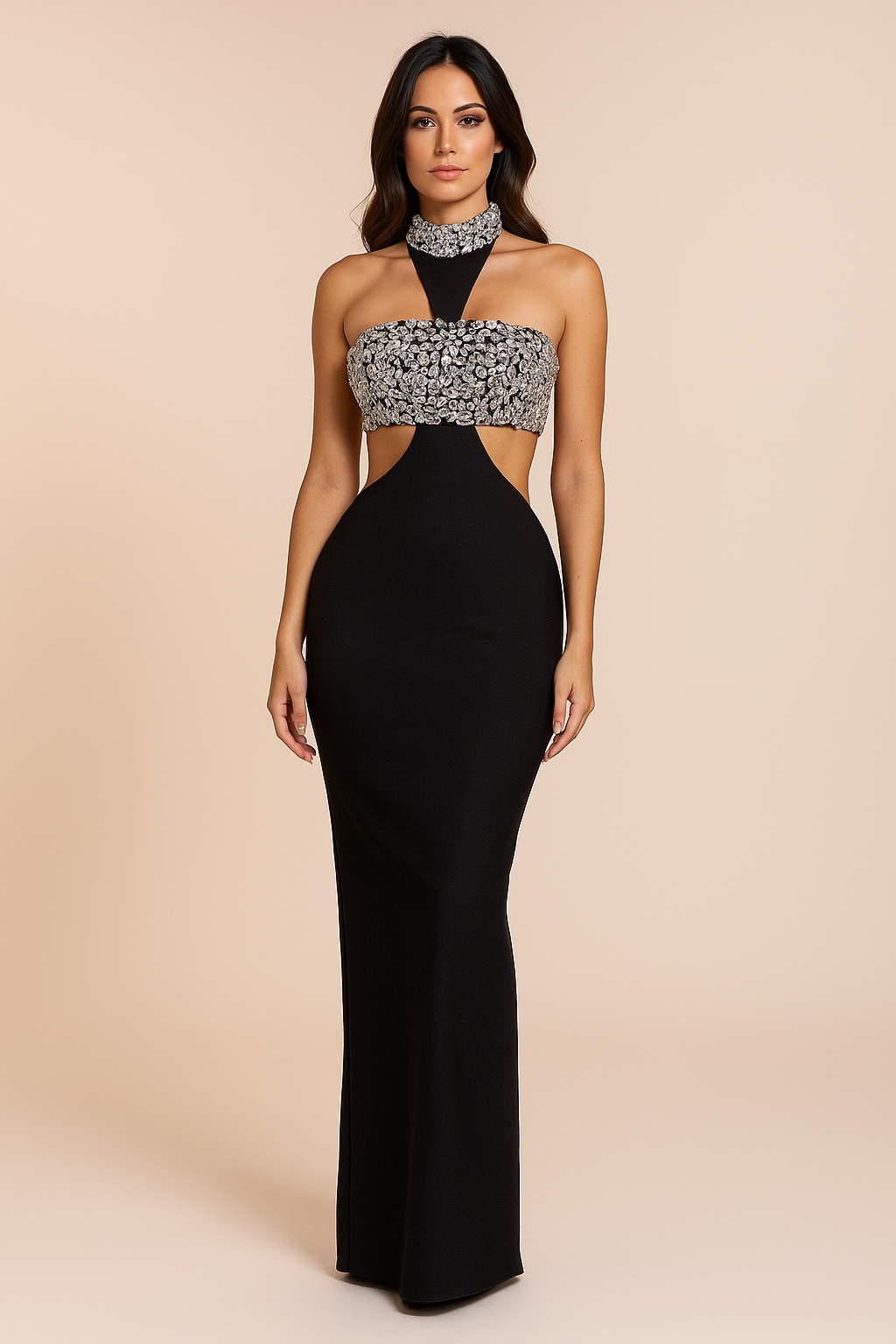 Seraphina™ Crystal Halter Sculpt Maxi Dress