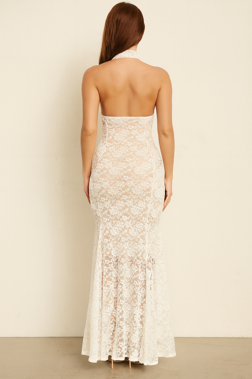 Lumina™ Sheer Lace Halter Maxi Dress