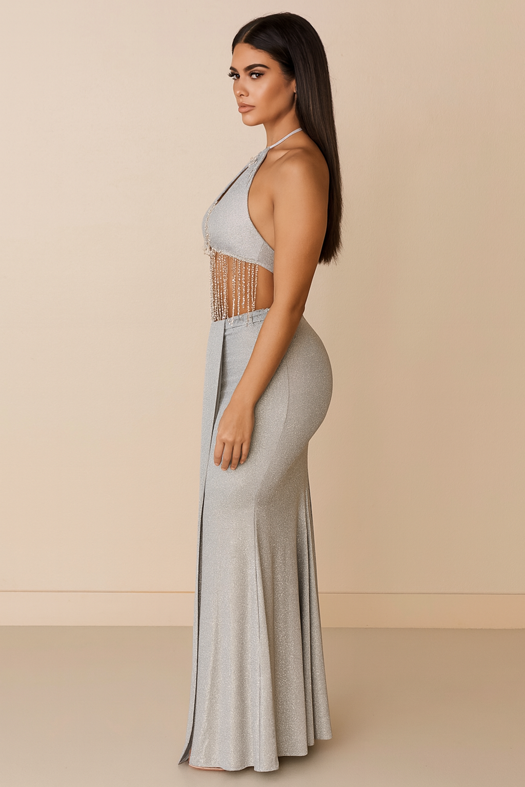 Aurelia™ Crystal Fringe Halter Maxi Dress