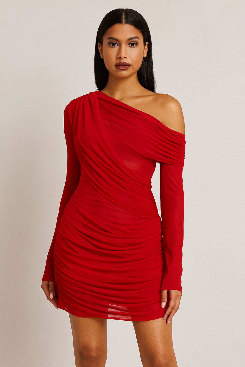 Aurelia™ Asymmetric Mesh Drape Mini Dress