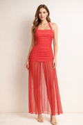 Elaria™ Ruched Halter Mesh Maxi Dress