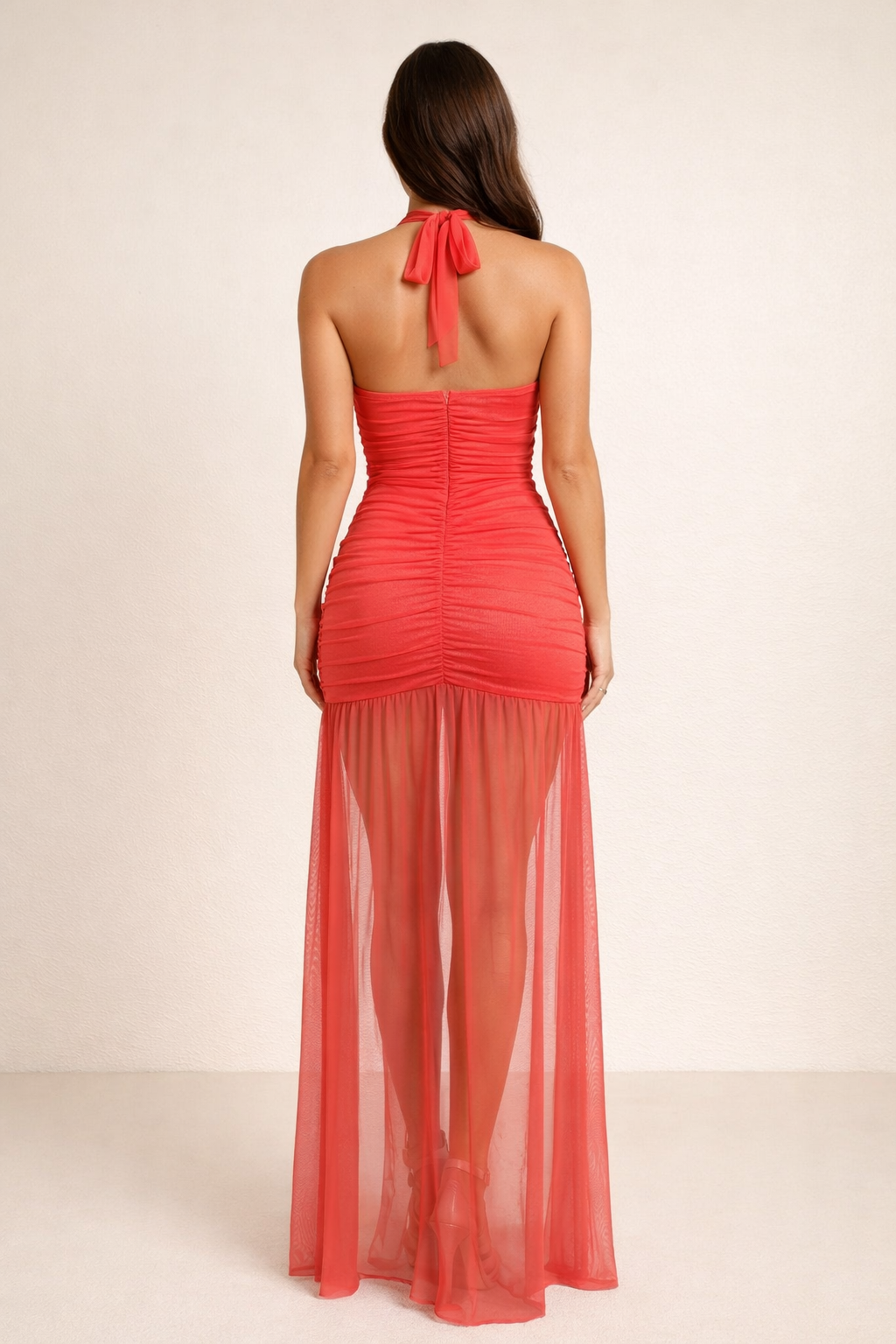Elaria™ Ruched Halter Mesh Maxi Dress